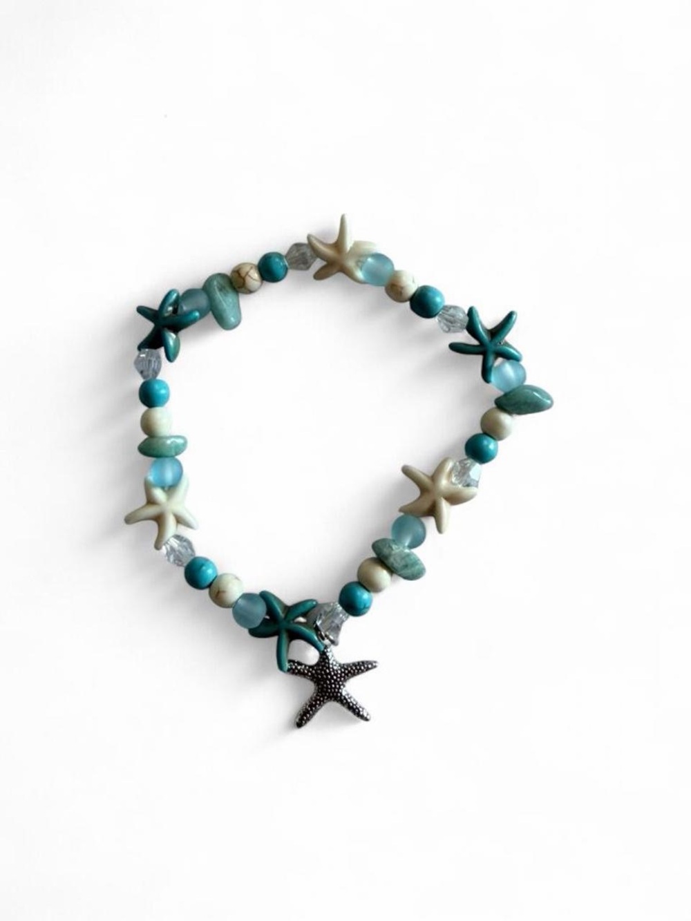 Handmade Multi-Starfish Beaded Anklet with Silver Charm Boho